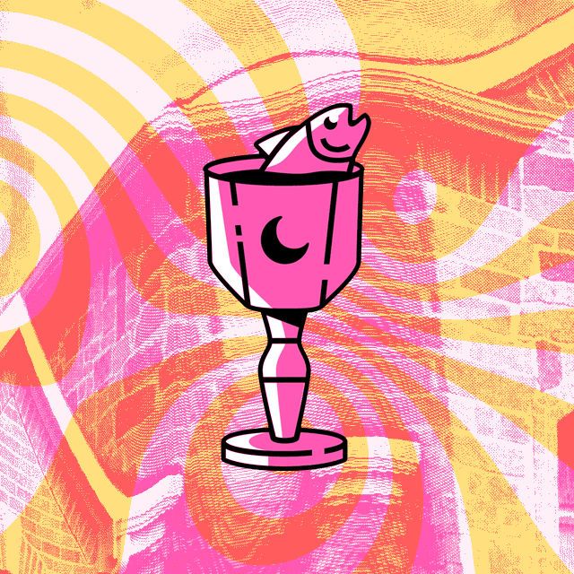 The Knave of Cups logo - a fish popping out of a mystical chalice - in eye-watering neon pink (instead of its usual violet). The background is a yellow and pink psychedelic pattern from the cover to Welcome To The Habitrails, a solo horror RPG Knave of Cups co-founder Ayolland released in 2022