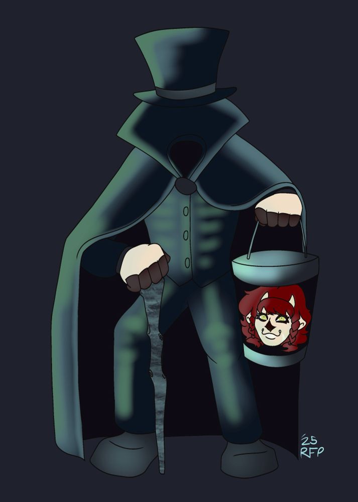 Whiskie’s head is gone, it’s seen in the hatbox they’re carrying. But her hat seems like it’s floating in mid air and their suit is glowing all over! You can see what looks like bones glowing from beneath their suit as they stand with the help of a cane.