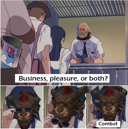 The "business, pleasure, combat" meme from an animated feature where a women in a line approaches an airport check-in clerk, who asks her "business or pleasure." The women removes her sunglasses and says "combat" as a third option.

In this instance I've photoshopped my Guild Wars 2 guardian's head over the clerk's, and Rytlock Brimstone's head over the woman's.