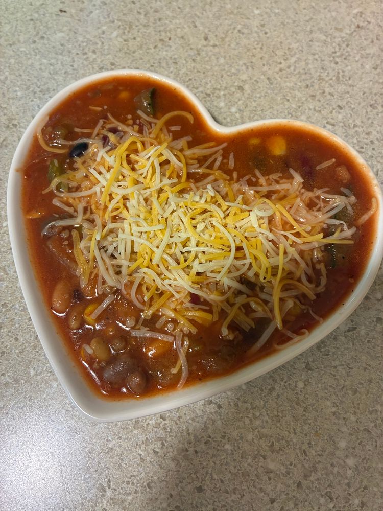 heart shaped plate of veggie chili