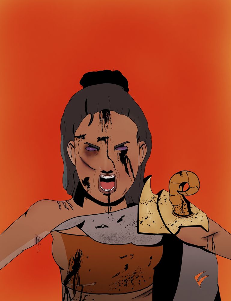 A drawing of Ashrah roaring in raw rage. She's in a fight, as the wounds and black blood splatters around her body show.