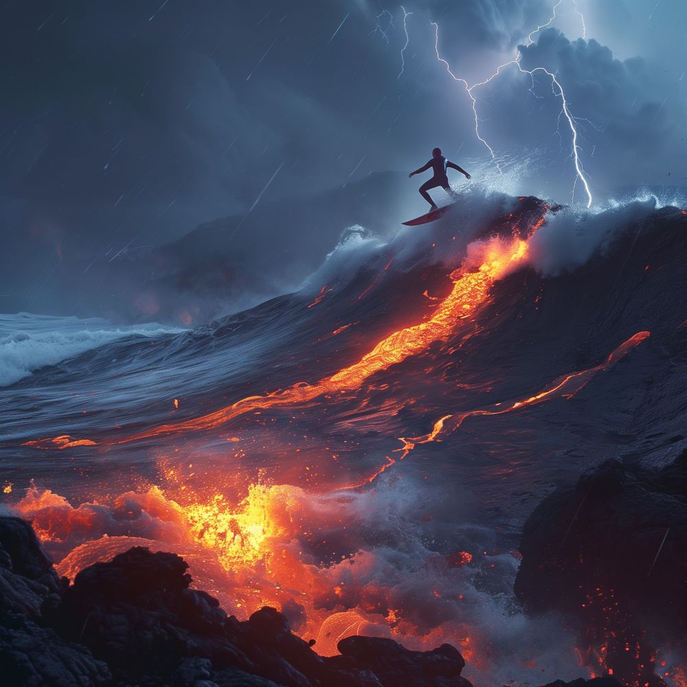A silhouette of a surfer in a lava wave.  Ai image