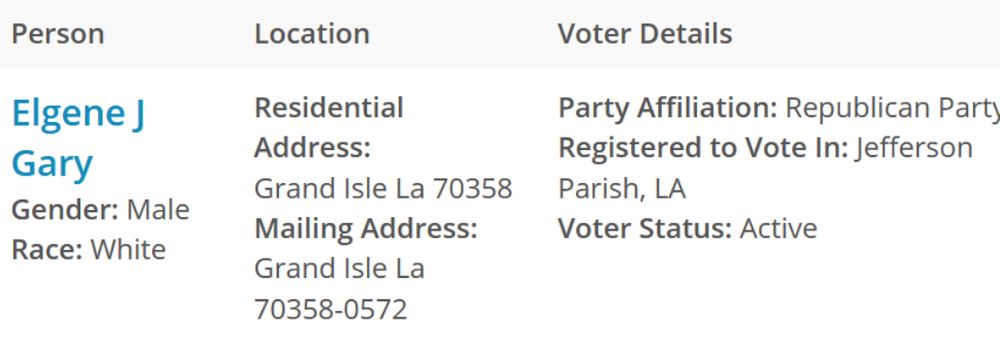 Louisian Voter REgistration of Elgene J. Gary, Grand Isle, LA, Jefferson County - Republican