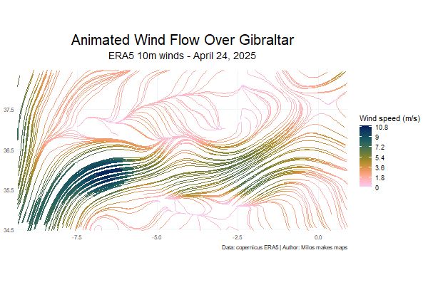 This tutorial will level up your skills and show you how to build animated wind maps from scratch.

Watch it here: https://lnkd.in/e_8QaFn6

And if you’re ready to go deeper into the world of spatial data, check out my new book:
Mapping Worlds with R: Your Journey from Beginner to Data Cartographer
It’s packed with real projects, full code, and clear explanations for every step of the map-making process.

Grab the book: https://payhip.com/b/MH9Ot

Let’s catch the breeze, beautifully, in R.

#rstats #GIS #DataVisualization #ClimateData #ERA5 #gganimate #WindMapping #Geospatial #EnvironmentalScience #OpenData #MilosMakesMaps #MappingWithR