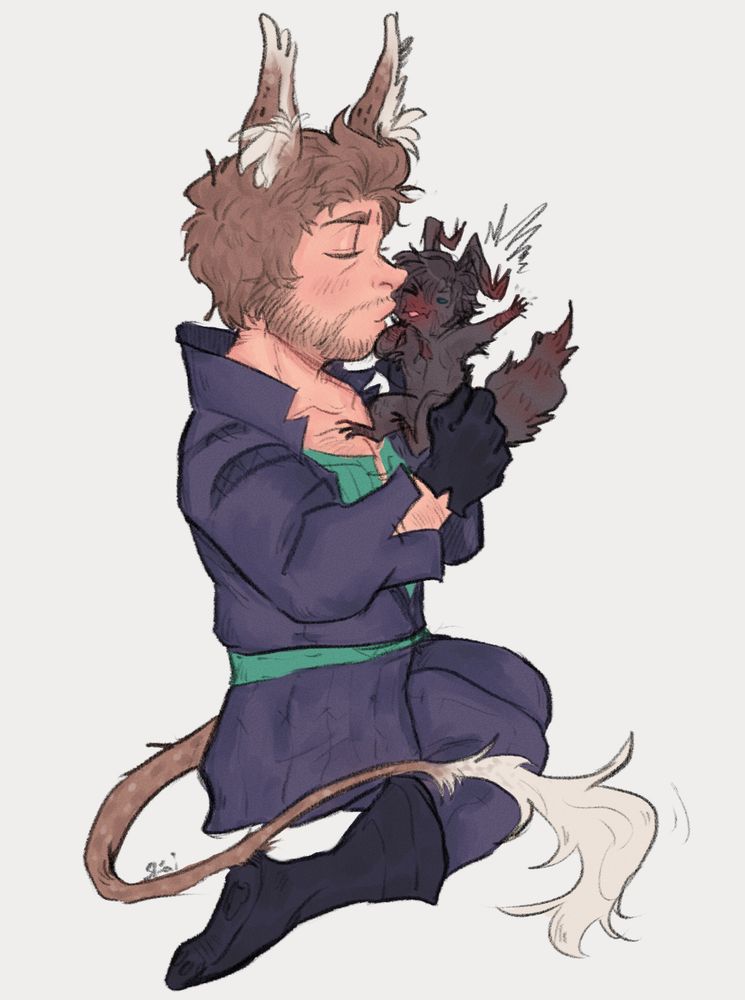 Cid with coeurl ears and tail, he lifts up a little ifrit lizard Clive giving him a smooch squishing his cheek. Lizzer Clive reacts in shock to the kiss. 