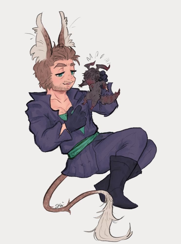 Cid with coeurl ears and tail. Cid is smiling as he lifts up a little ifrit lizard Clive. Lizzer Clive is dangling from Cid's hand frustrated that he was caught. 