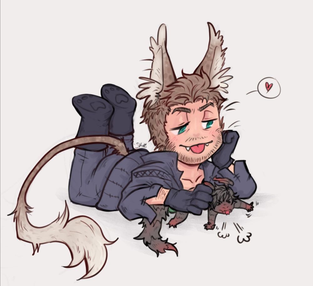 Chibi drawing of Cid with coeurl ears and tail, laying on his stomach with his feet kicked up. He is pinning a little ifrit lizard Clive who is mad about being pinned by cid's body and hand. 