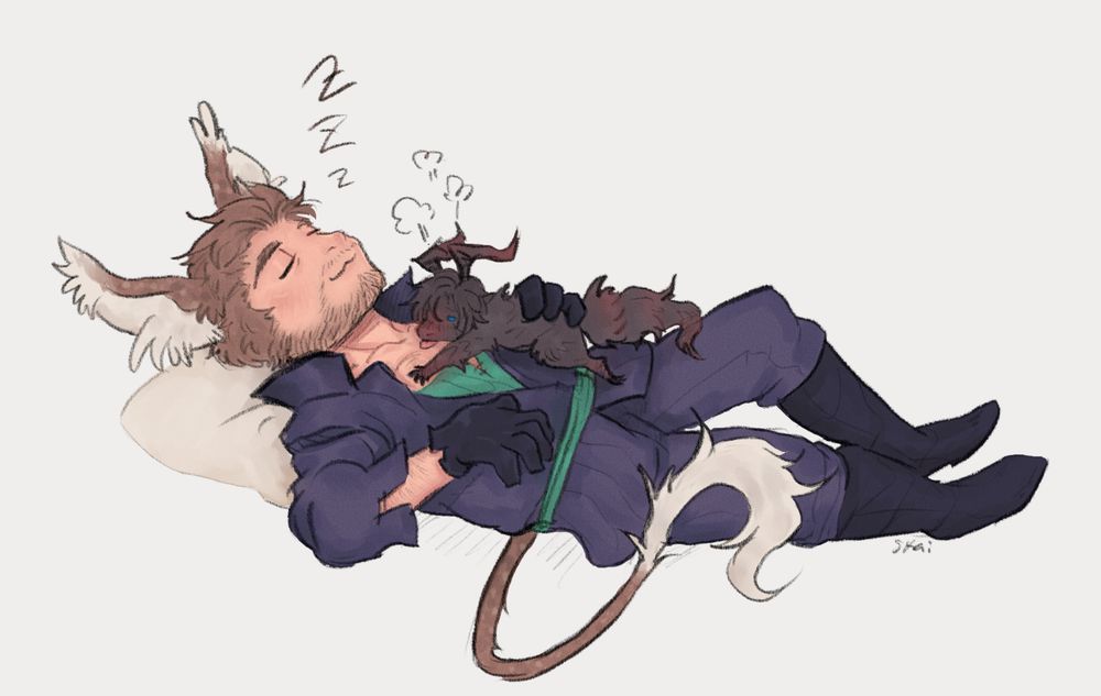 Cid with coeurl ears and tail. Cid is lying on his back for a nap with Lizzer Clive flustered laying on his chest. 