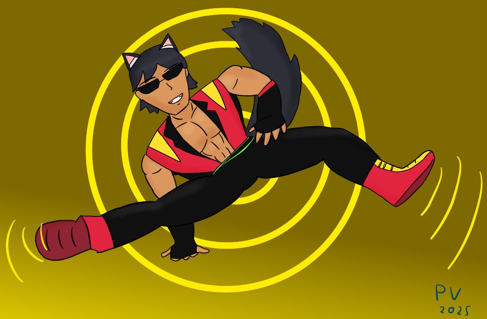 Trevor as Vibe breakdancing and producing soundwaves
