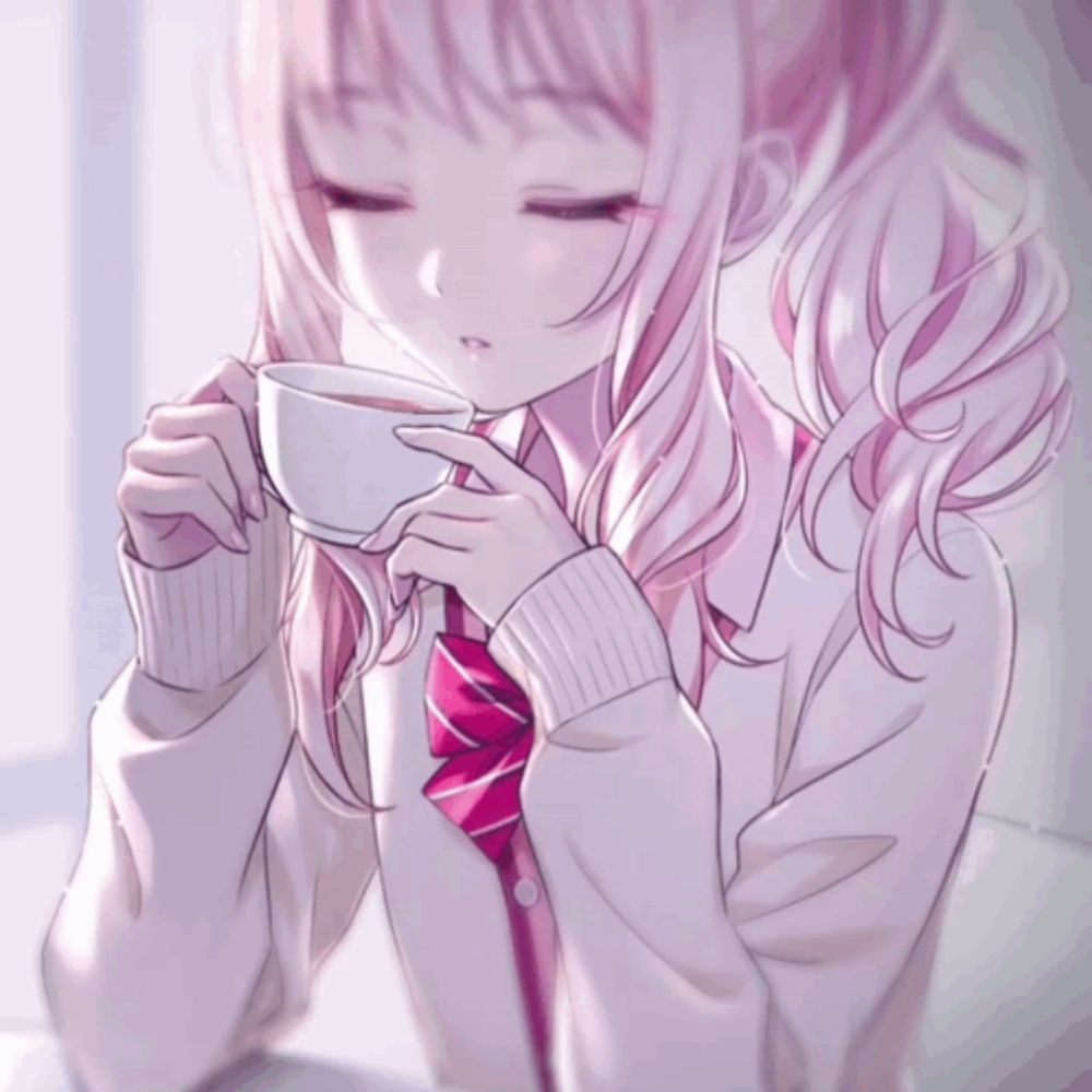 a girl with pink hair and red eyes is drinking from a cup