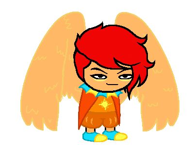 One of my personal Homestuck OCs - Najka Sonui, the Witch of Light. A humanoid alien with phoenix-like characteristics (flame-coloured hair, large wings, skin and feathers in golden-peach tones), dressed in an outfit reminiscent of Jevil's from Deltarune, except with the orange, yellow, and blue tones associated with the Light Aspect. A sun emblem decorates their undershirt.