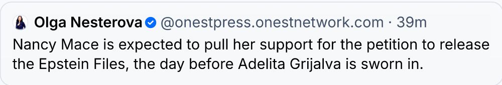 Post stating Nancy Mace pulling her signature from petition to release Epstein Files. 