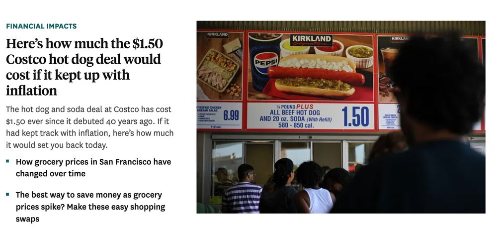 Screenshot of SF Chronicle's front page, top of the fold discussing how much a Costco hot dog could cost with inflation