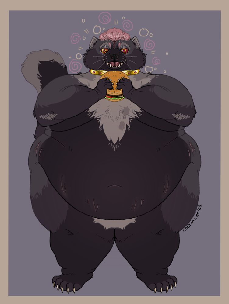 Drawing of an obese anthro fisher (animal) holding a burger with yellow and magenta hypno eyes. Art by Noctmode