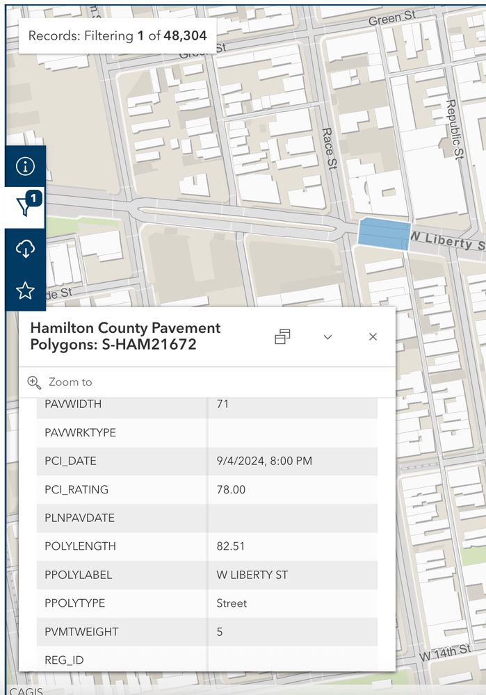 CAGIS Hamilton County Pavement Polygon S-HAM21672 showing a PCI of 78