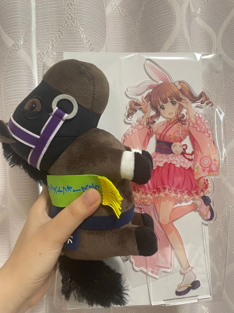 緒方智絵里特大アクスタとサイズ比較用のファストフォース号ぬいぐるみ