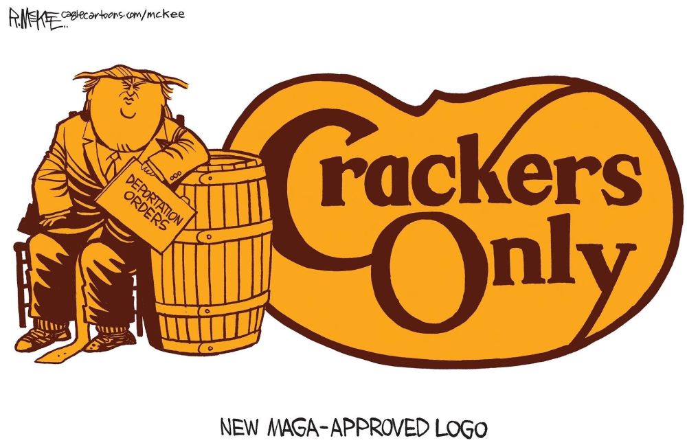 Crackers Only Frumpy trump sits in chair next to barrel- holds briefcase with words 'deportation orders ' New maga approved logo 