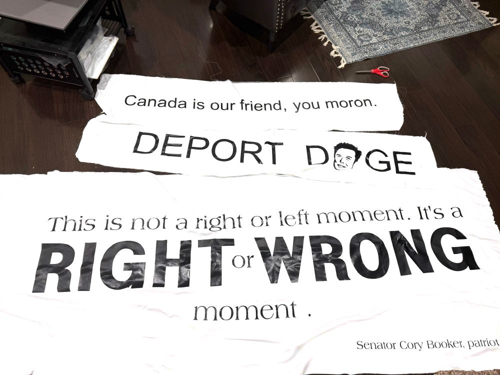 Three protest signs with black letting on a ripped up sheet. One says Deport Doge with Elon Musk’s photo, Another says Canada is our friend, you moron, and the lady says this is not a right or left moment; it’s a right or wrong moment Senator Cory Booker, patriot. 