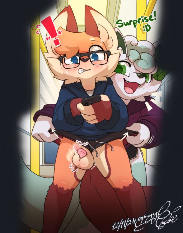 Anthro fox girl lifts up a fox boy's pants on a crowded subway train, exposing his genitals to his surprise. 