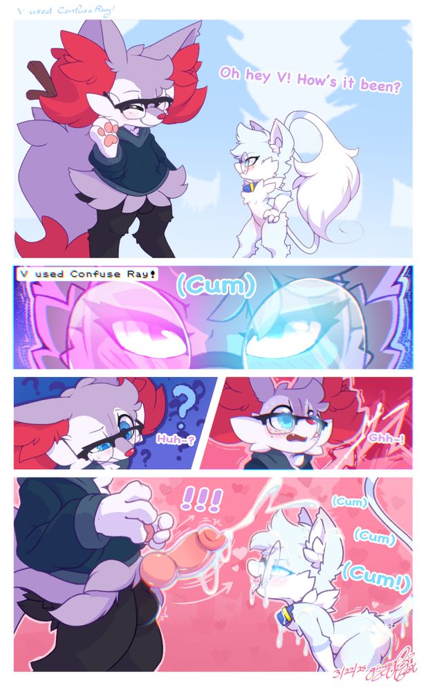 The Pokemon Mew using the move "Confuse Ray" on a Braixen, causing him to immediately ejaculate, cumming all over the Mew. 