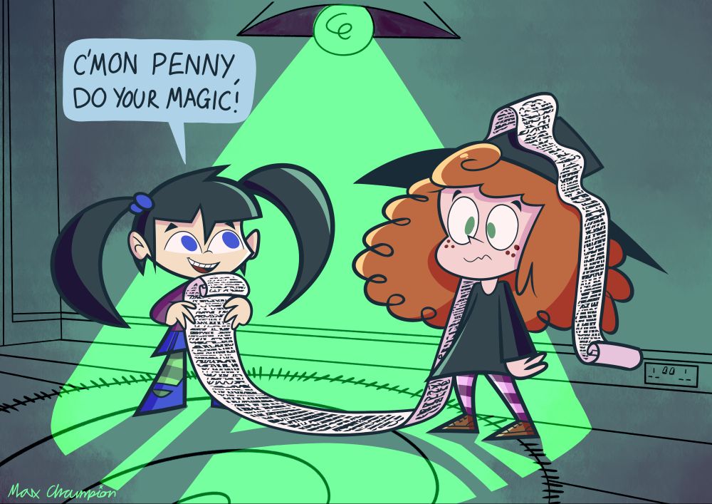 Josie (left) has a long list of things she wants for Christmas. The list is so long that it extends over Penny's (right) head. Josie urges an overwhelmed Penny to "do her magic" 