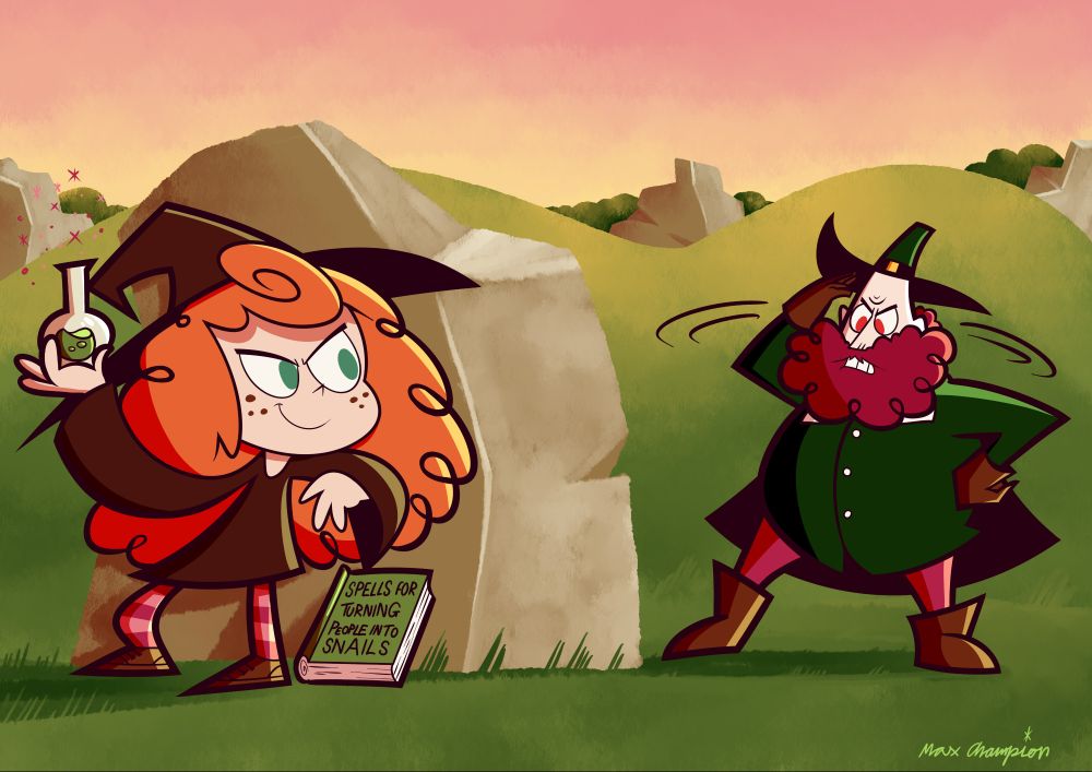 Penny (left) is hiding behind a rock and holding a bottle containing a potion that turns people into snails. She is ready to throw it at Witchhunter Niall O' Neill (right) who is frantically looking around in an attempt to find and capture Penny.