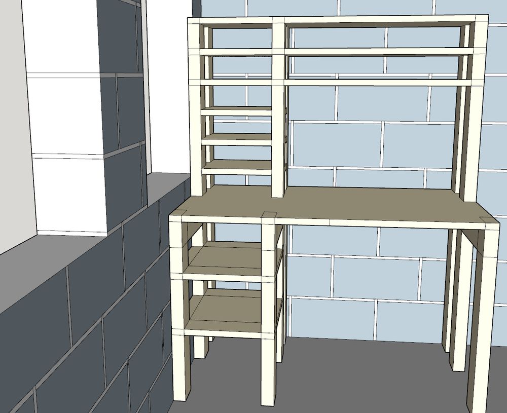 This is just an off center closeup of a desk I've wanted to make for a few years. It's got two shelves under the main surface to the left. 6 shelves on the upper left, 3 of which extend all the way to the right. It's intended to be made of 2by4s and probably plywood. It's going to be for messy physical artwork. It's about 7 cinder blocks tall and fits nicely under a window to it's left.
