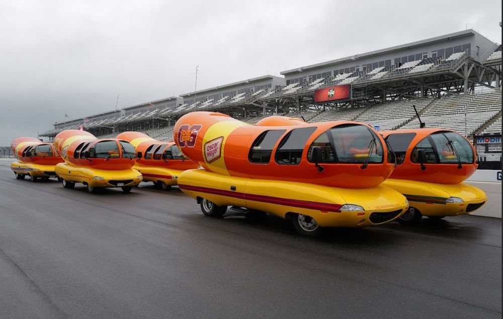 Oscar Meyer Weinermobiles at Indianapolis Motor Speedway.