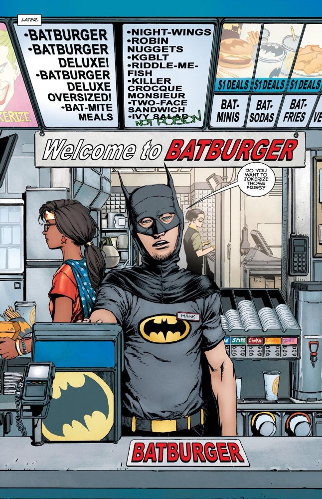 The image is of a Batman themed fast food restaurant. The employees are wearing superhero costumes and the menu items have Batman style names. 