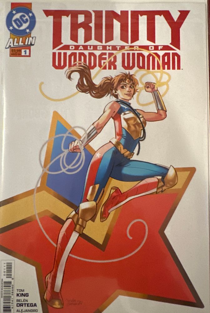 Trinity: Daughter of Wonder Woman #1. Pictured on the cover is Trinity, wielding two lassos while keeping a third wrapped around her like a sash, with a star shaped symbol in the background reminiscent of the Wonder Woman logo.