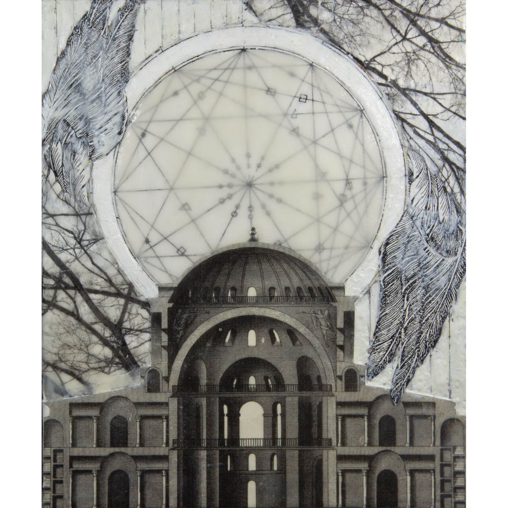 Black and white collage artwork with the cross section of a large domed building at the bottom. The dome is haloed by a diagram with translucent beeswax over it. The halo is framed by wings and bare tree branches. 