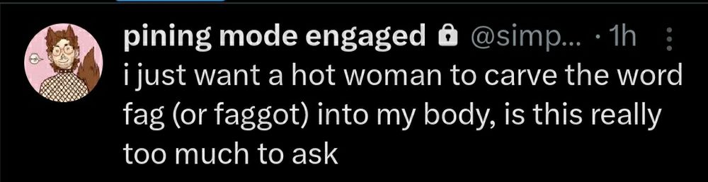 a tweet that reads "i just want a hot woman to carve the word fag (or faggot) into my body, is this really too much to ask"