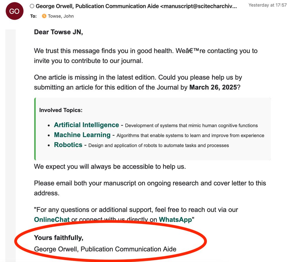 Email from a predatory publisher soliciting a manuscript. Purportedly sent by George Orwell, "publication communication aide"