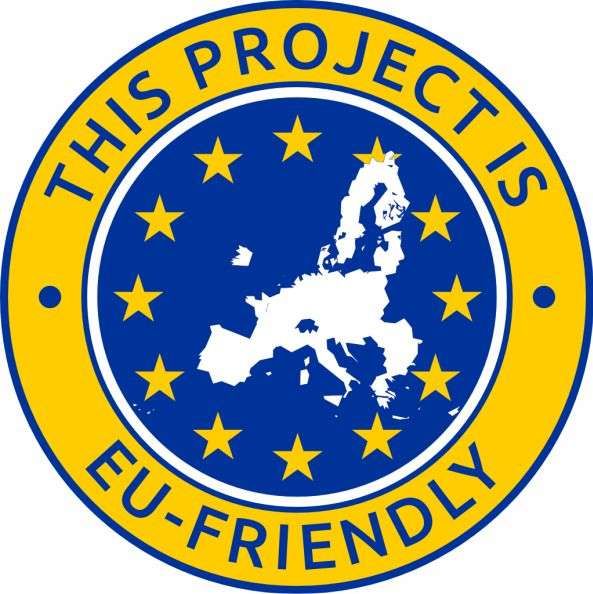 Yellow, blue and white circular logo with a stylised map of the EU trade bloc, inside a ring marked "This project is EU-friendly."