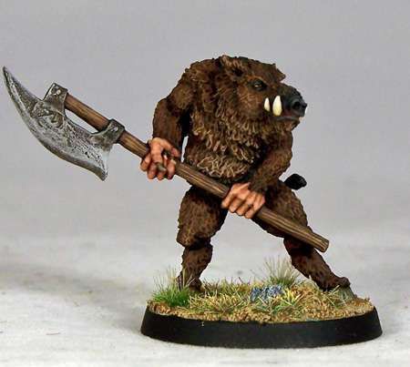 28mm miniature of a bipedal wereboar armed with a lochaber axe.