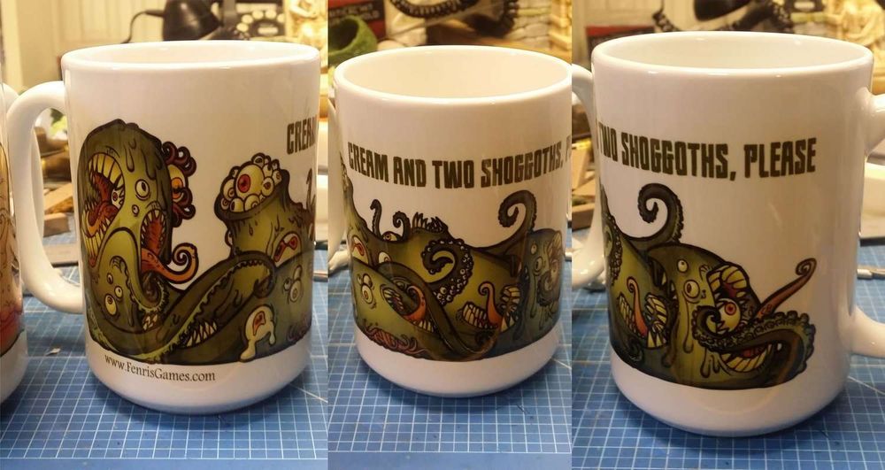 Three views of our giant 15oz El Grande Shoggoth mug, a giant white mug with a big handle and a cartoonish illustraion of a mass of mouths, tentacles, teeth and eyes.