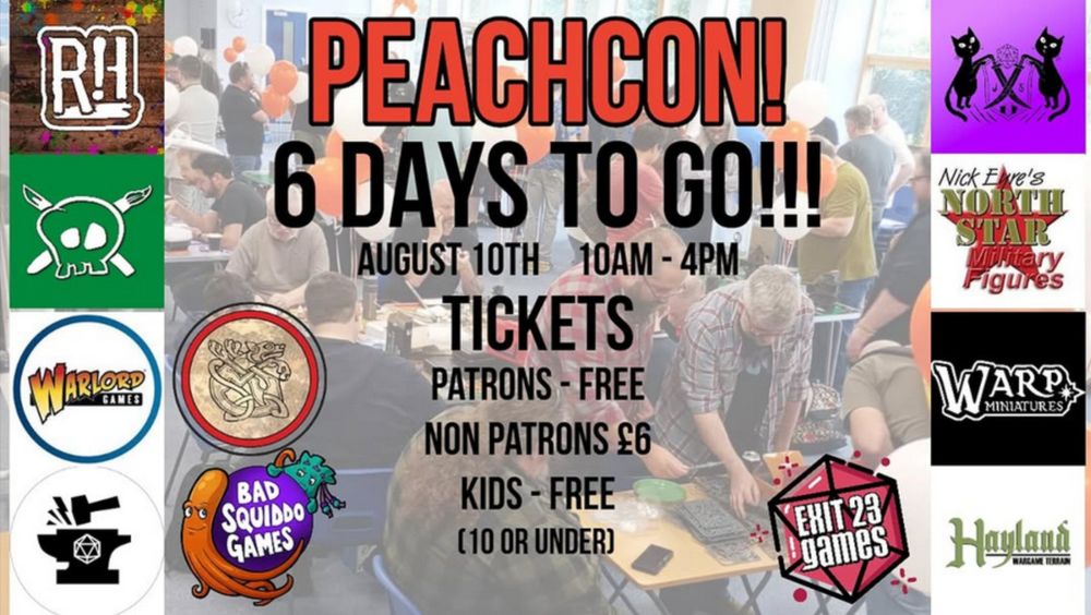Flyer image for PeachCon 2025, August 10th, with logos for lots of Indie and smaller wargames companies.