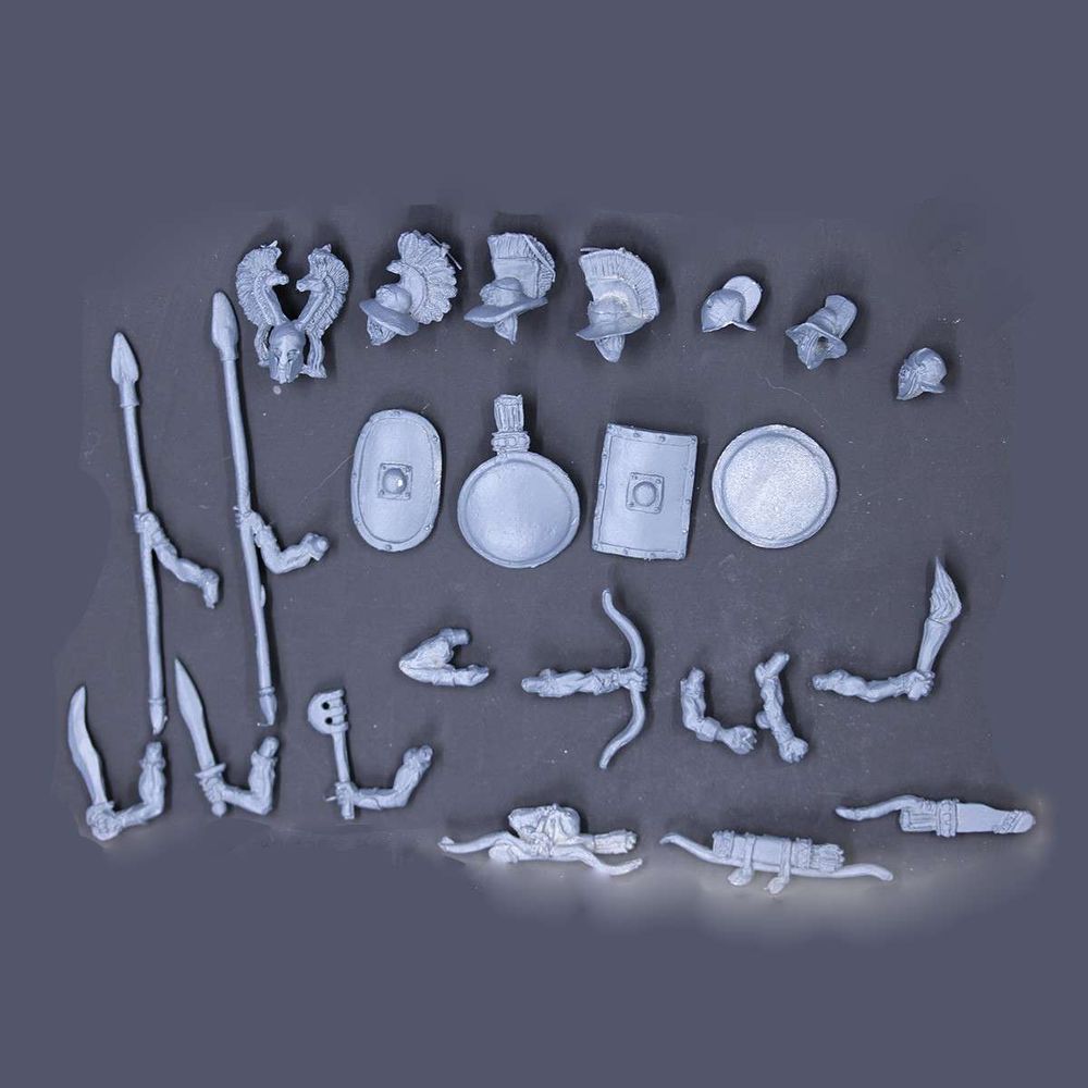Pack of pewter model parts - arms, helmeted heads, bows and spears.