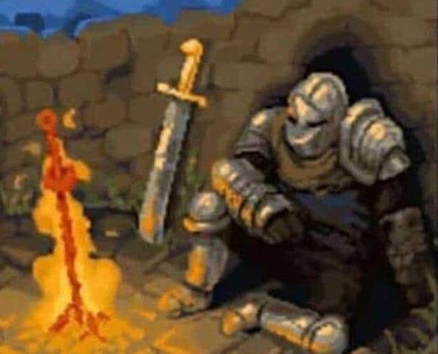 Knight from Dark Souls resting by a campfire.