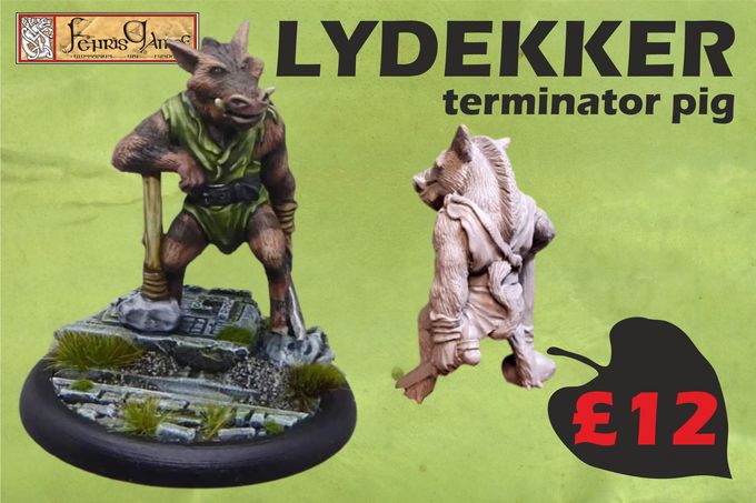 Model of an anthropomorphic Daeodon warrior standing on his hind hooves and leaning on a sledgehammer.