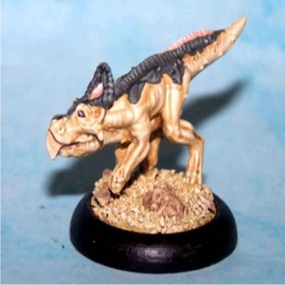 Tiny model protoceratops (base is 25mm diameter, for scale) in counter-shaded grey and tan colour scheme.