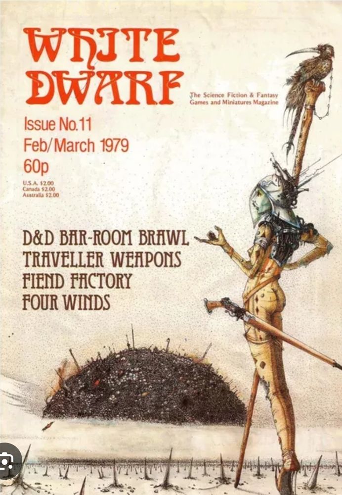 Cover of White Dwarf issue #11 - a John Blanche cover painting of an impossibly leggy adventurer who still looks more real than that Guess AI model.