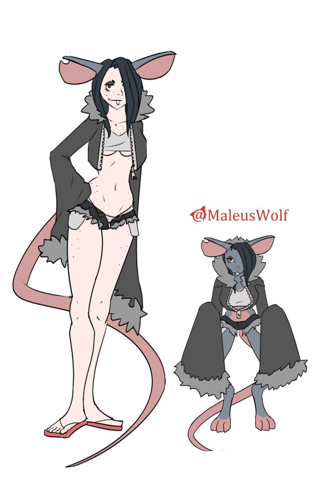 Grim Lynn with a extra long sleeved jacket and jean shorts in her human and were form. Her undershirt rides up and the button on her shorts come undone in her human form.