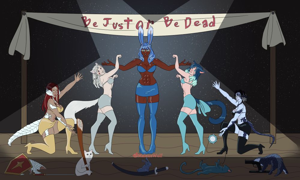 Banner reads "Be just or be dead." Beneath in bikini tops, skirts and thighhighs a colorful band of Tomeki pose. Below them their animal forms hold their weapons.