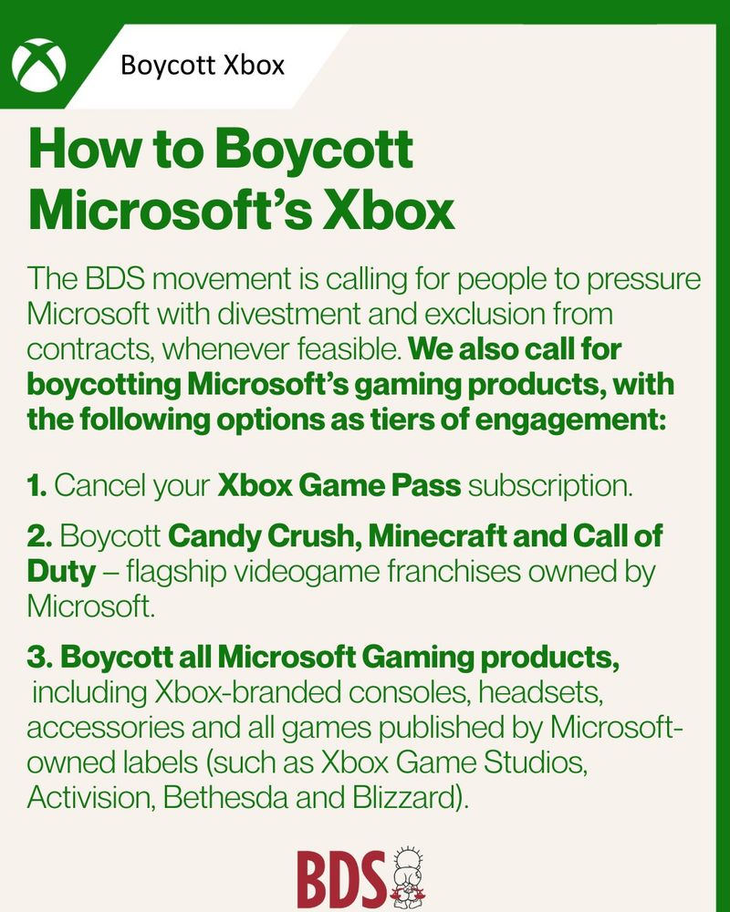 The BDS movement is calling for people to pressure Microsoft with divestment and exclusion from contracts, whenever feasible. We also call for boycotting Microsoft’s gaming products, with the following options as tiers of engagement:

Cancel your Xbox Game Pass subscription.
Boycott Candy Crush, Minecraft and Call of Duty – flagship videogame franchises owned by Microsoft.
Boycott all Microsoft Gaming products, including Xbox-branded consoles, headsets, accessories and all games published by Microsoft-owned publishing labels (such as Xbox Game Studios, Activision, Bethesda and Blizzard).
