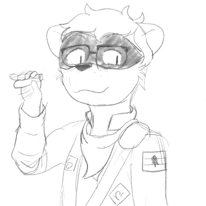 An anthro raccoon holding up a vial of liquid and looking at you as if to invite
You to take it