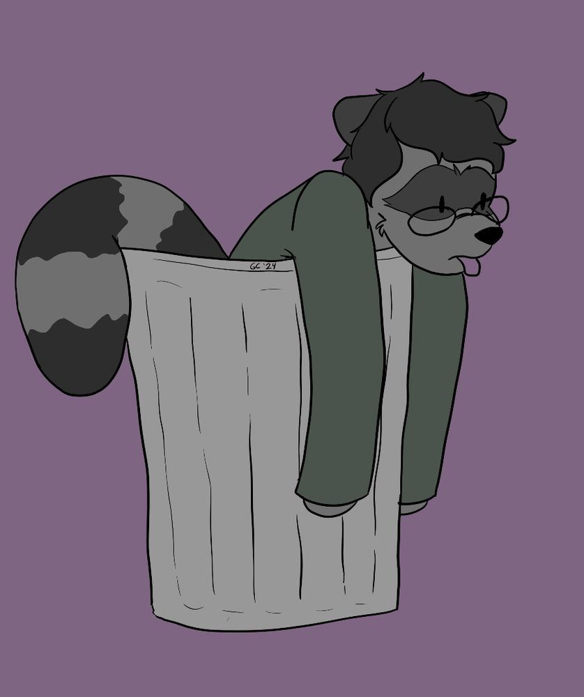 An anthro raccoon hanging out of a trash can