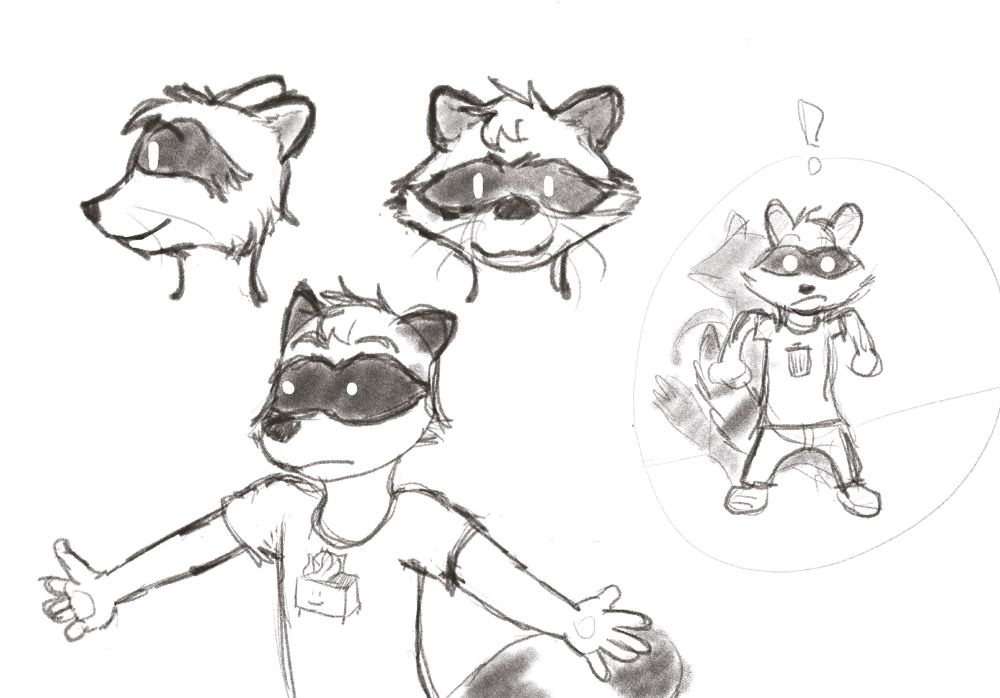 A couple of doodles of a scrubgly looking anthro raccoon 