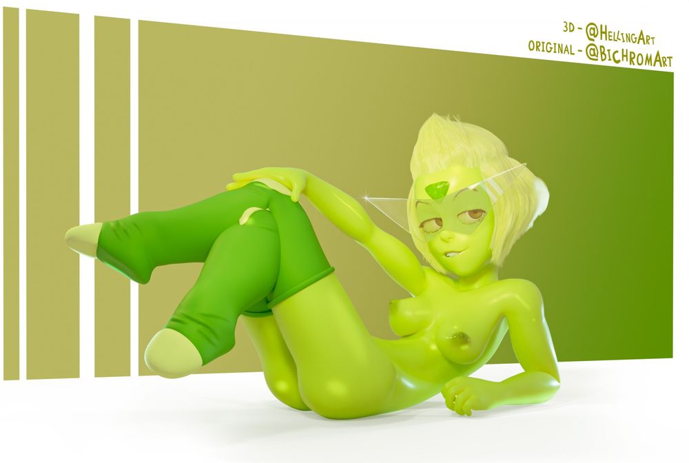 Happy Peridot from the Steven Universe is lying there with a big smile on her face