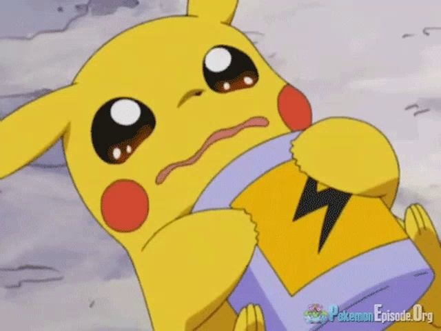 a pikachu is holding a purple lightning bolt and crying